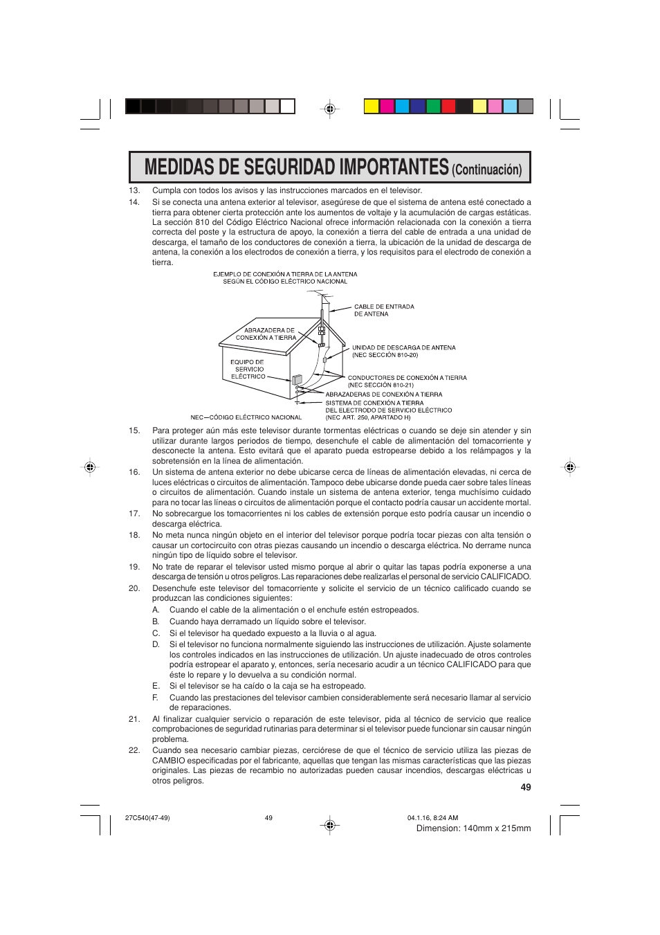 Medidas de seguridad importantes, Continuación) | Sharp 27C540 User Manual | Page 49 / 58