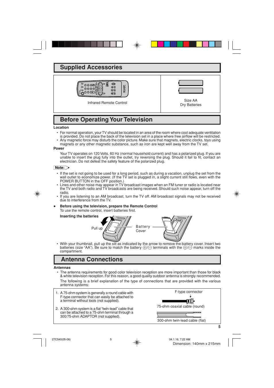 Supplied accessories, Before operating your television, Antenna connections | Sharp 27C540 User Manual | Page 5 / 58