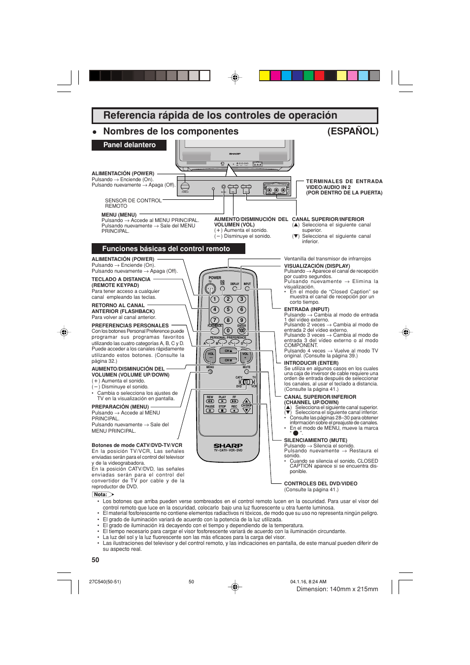 Referencia rápida de los controles de operación, Nombres de los componentes (español), Funciones básicas del control remoto | Panel delantero | Sharp 27C540 User Manual | Page 50 / 58