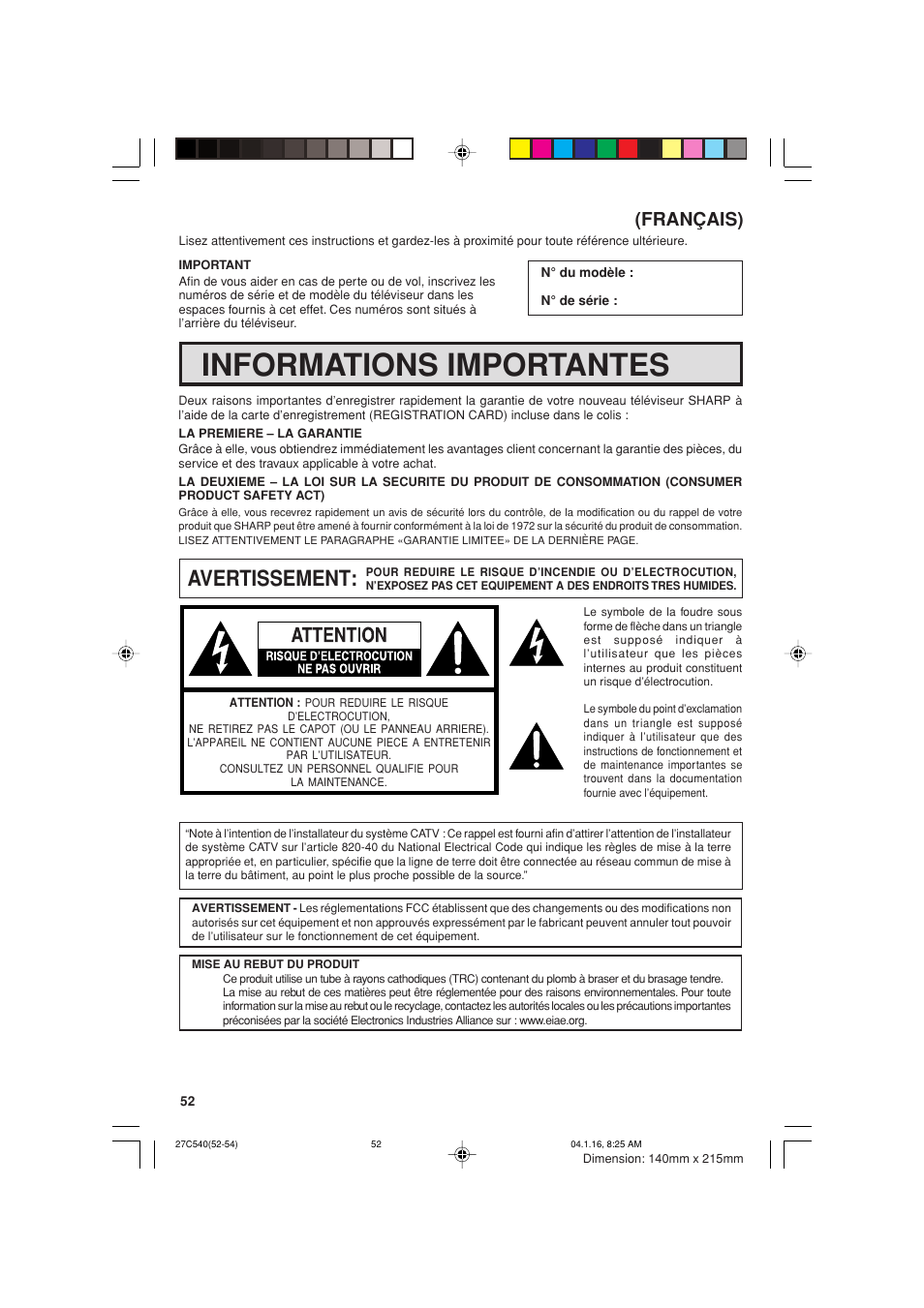 Informations importantes, Avertissement, Français) | Sharp 27C540 User Manual | Page 52 / 58