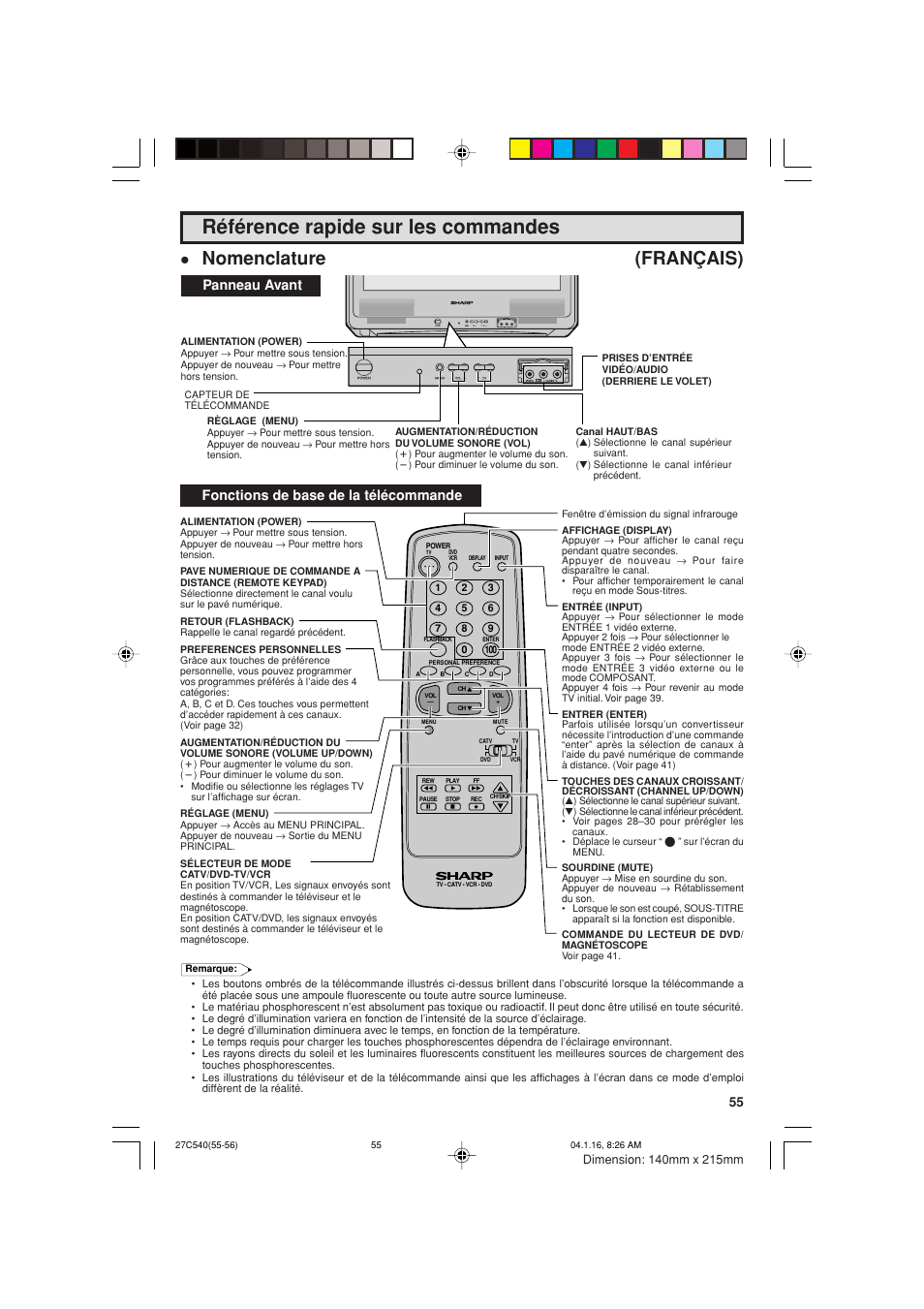 Référence rapide sur les commandes, Nomenclature (français), Fonctions de base de la télécommande | Panneau avant | Sharp 27C540 User Manual | Page 55 / 58