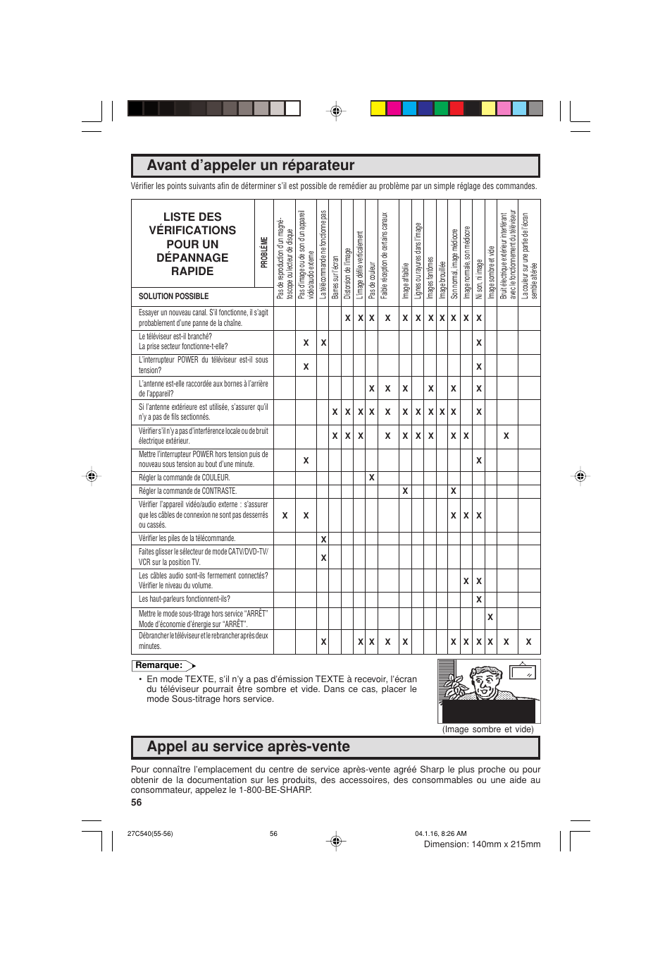 Avant d’appeler un réparateur, Appel au service après-vente, Liste des vérifications pour un dépannage rapide | Sharp 27C540 User Manual | Page 56 / 58