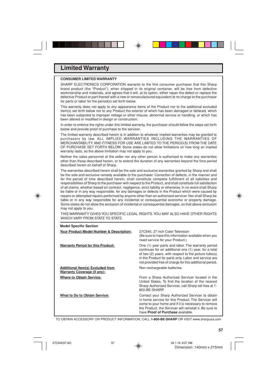 Limited warranty | Sharp 27C540 User Manual | Page 57 / 58