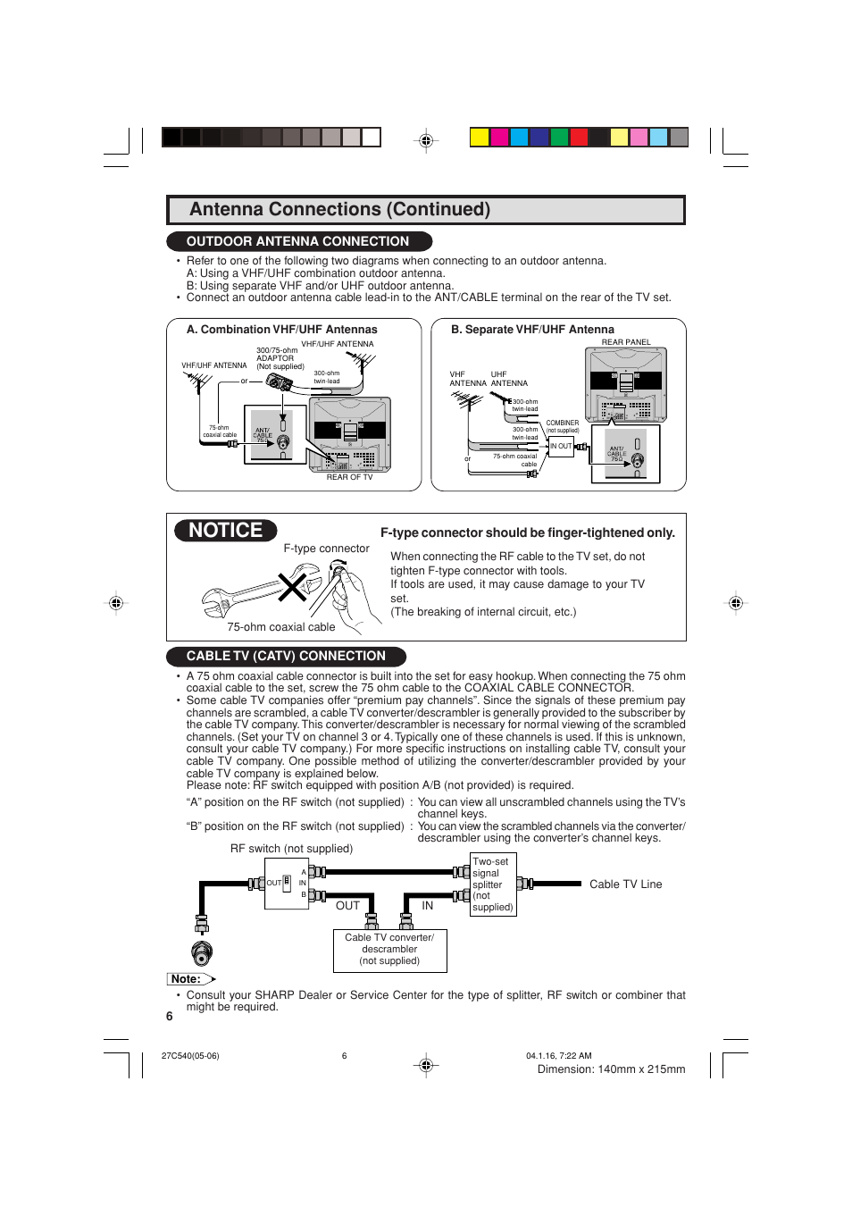 Notice, Antenna connections (continued), Cable tv (catv) connection | Outdoor antenna connection, F-type connector should be finger-tightened only | Sharp 27C540 User Manual | Page 6 / 58