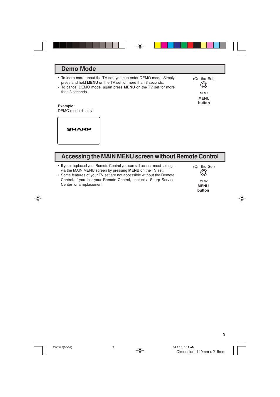 Demo mode | Sharp 27C540 User Manual | Page 9 / 58