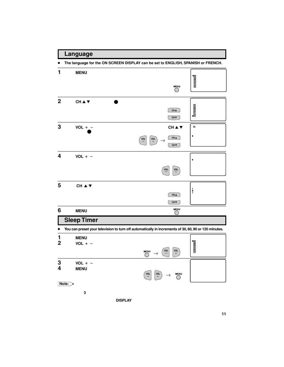 Sleep timer, Language | Sharp 27F541 User Manual | Page 11 / 46