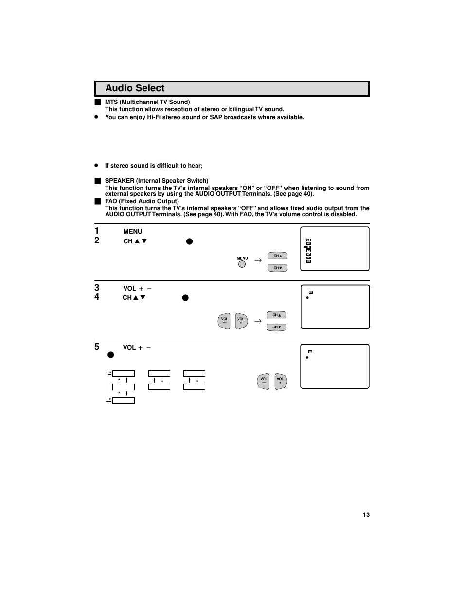 Audio select | Sharp 27F541 User Manual | Page 13 / 46