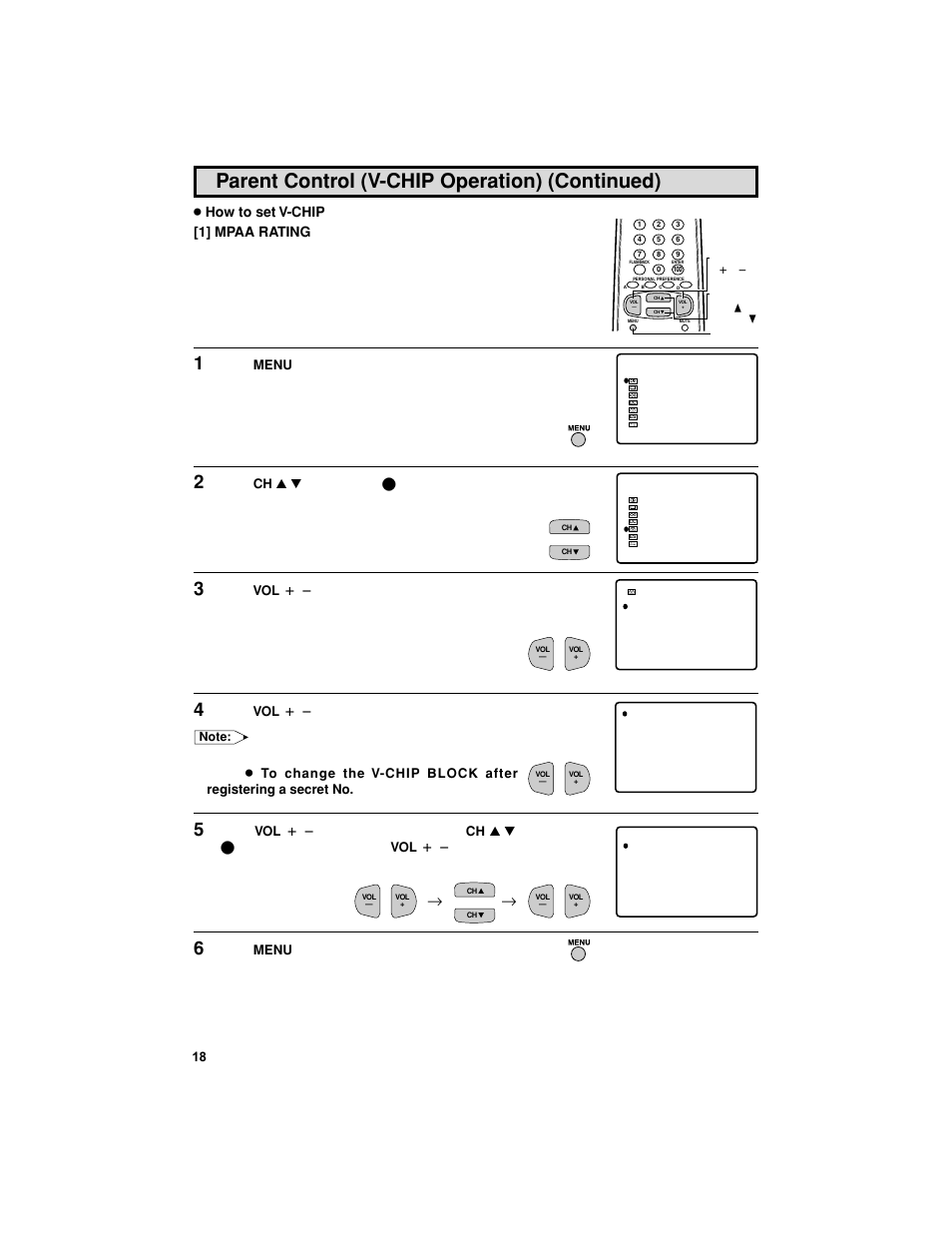 Parent control (v-chip operation) (continued), How to set v-chip [1] mpaa rating | Sharp 27F541 User Manual | Page 18 / 46