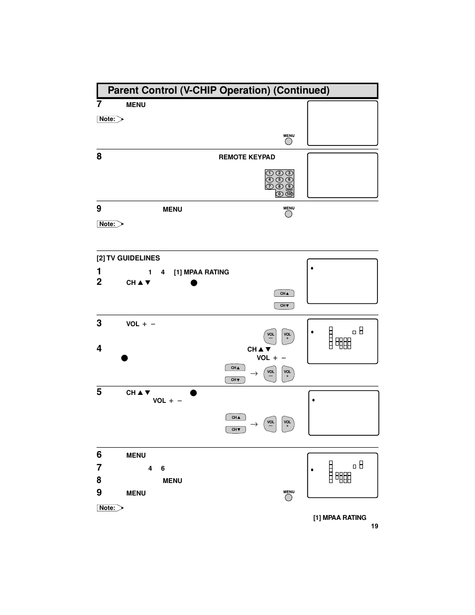 Parent control (v-chip operation) (continued), 2] tv guidelines | Sharp 27F541 User Manual | Page 19 / 46