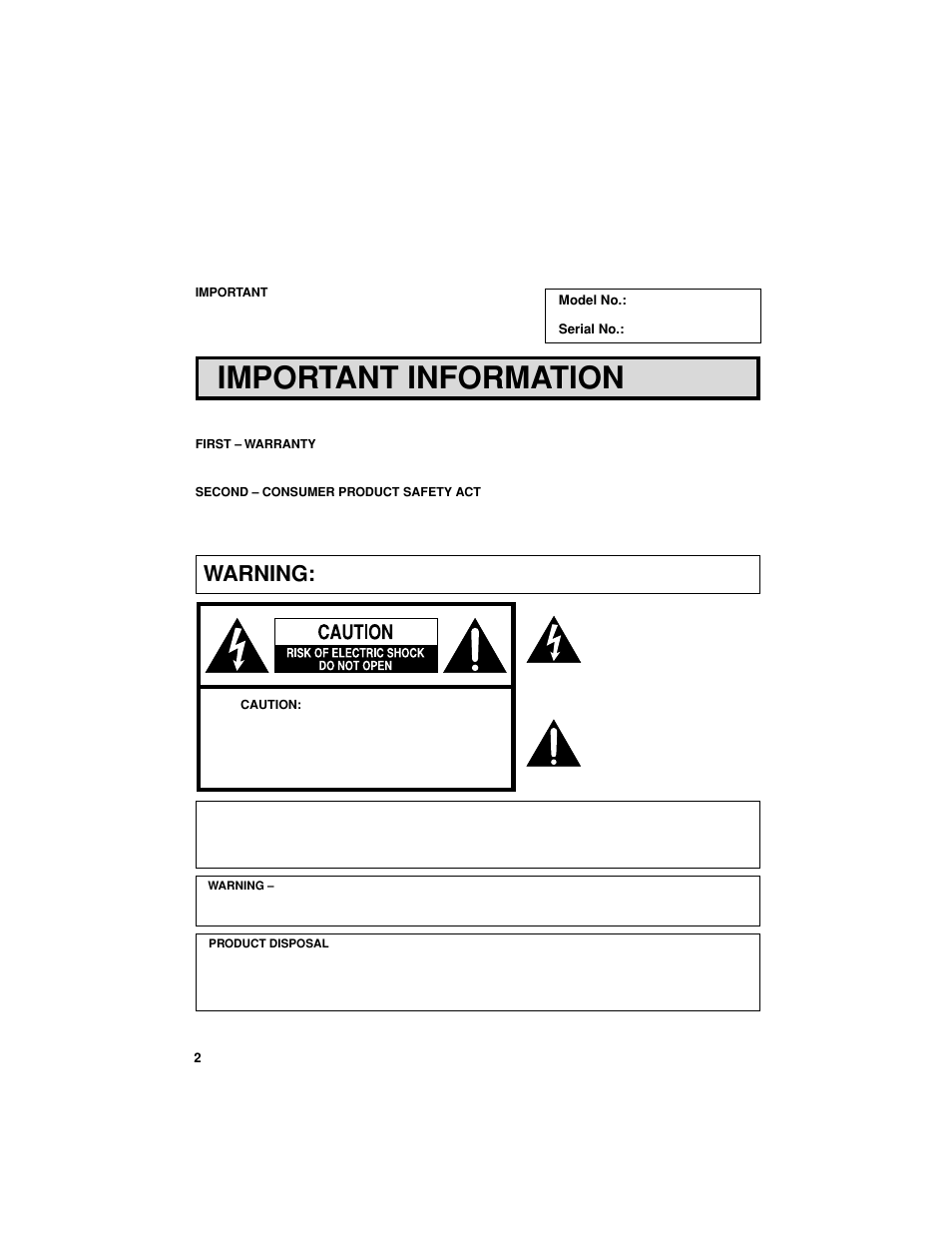 Important information, Warning | Sharp 27F541 User Manual | Page 2 / 46