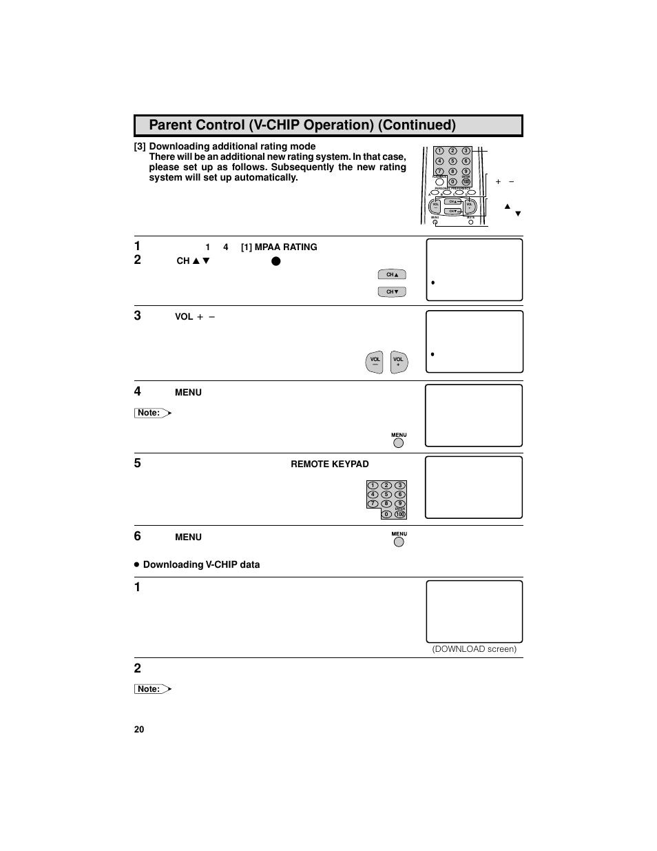 Press, Mark to “download, If secret no. is already set, skip to step 6 | Downloading v-chip data | Sharp 27F541 User Manual | Page 20 / 46