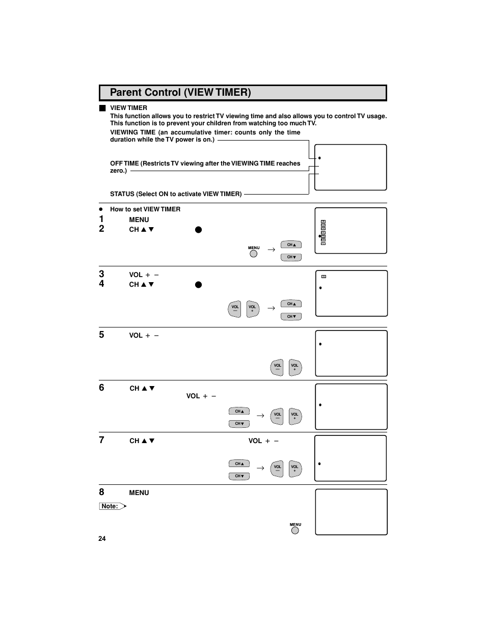 Parent control (view timer), If secret no. is already set, skip to step 10 | Sharp 27F541 User Manual | Page 24 / 46