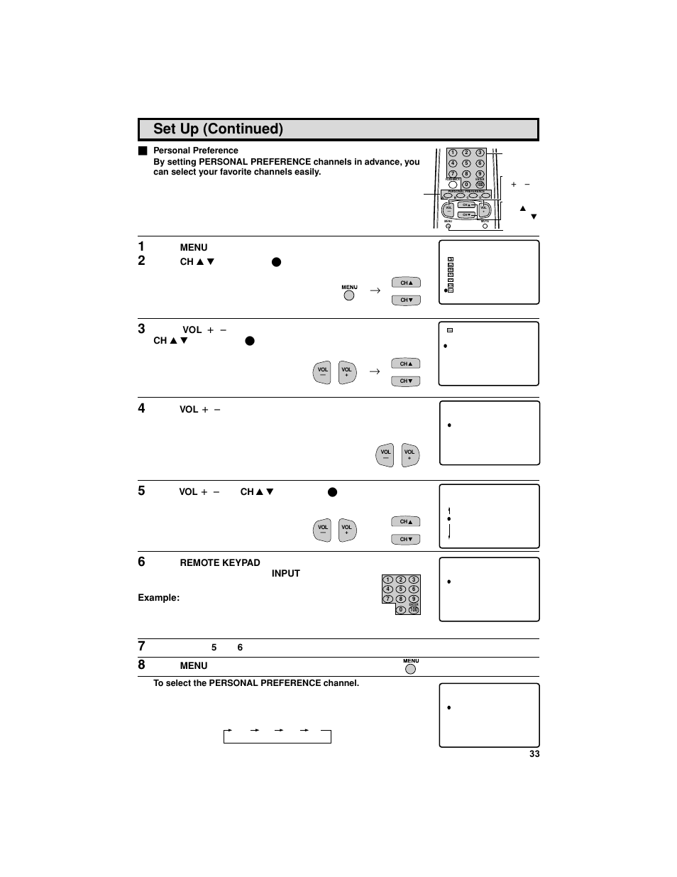 Set up (continued), Press menu to access the main menu screen, Press ch a / s to move the “ e ” mark to “set up | Press menu to exit | Sharp 27F541 User Manual | Page 33 / 46