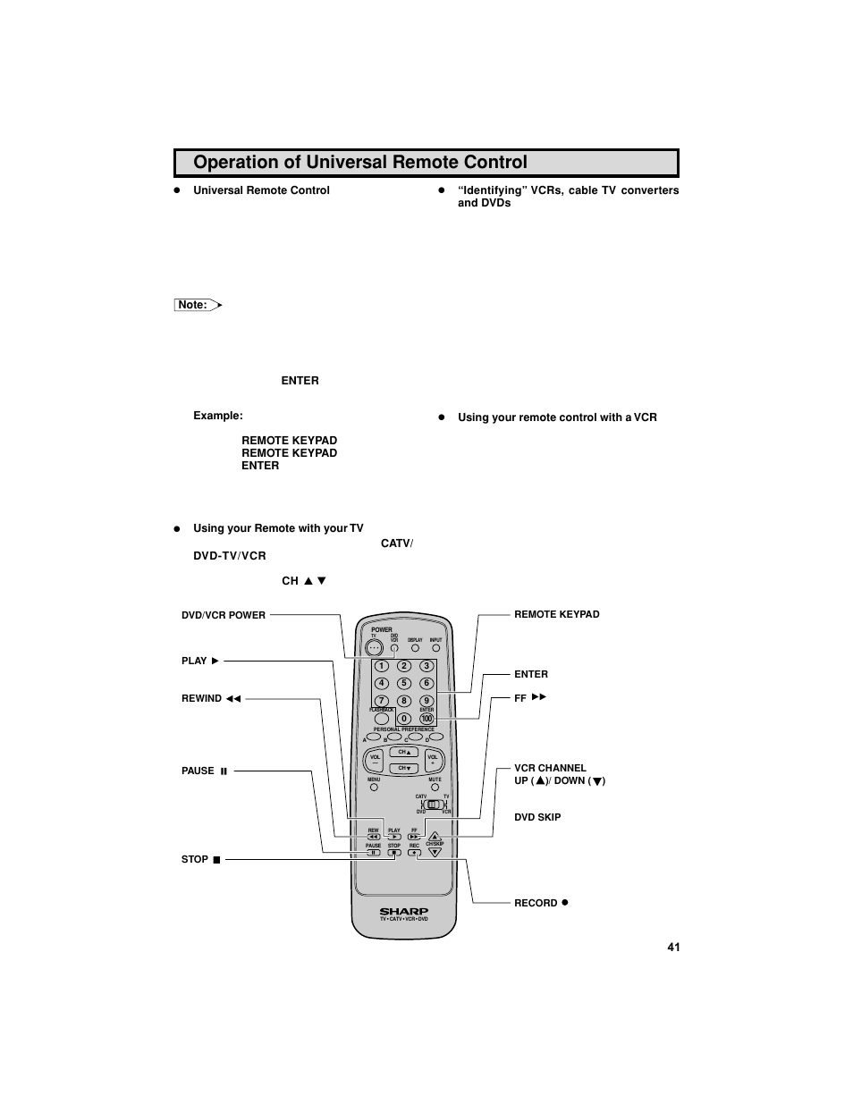 Operation of universal remote control | Sharp 27F541 User Manual | Page 41 / 46