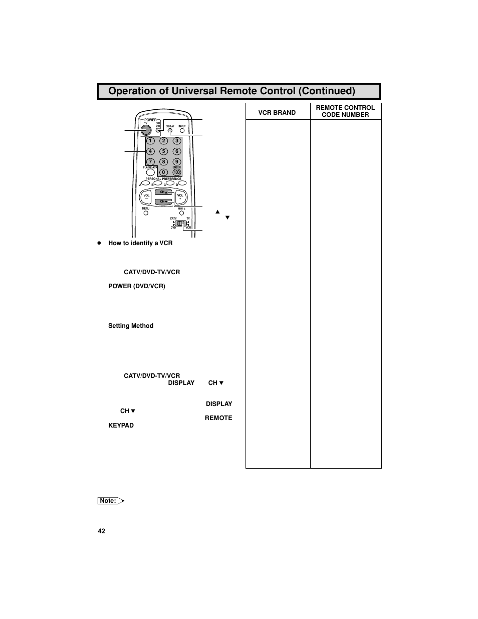 Operation of universal remote control (continued) | Sharp 27F541 User Manual | Page 42 / 46