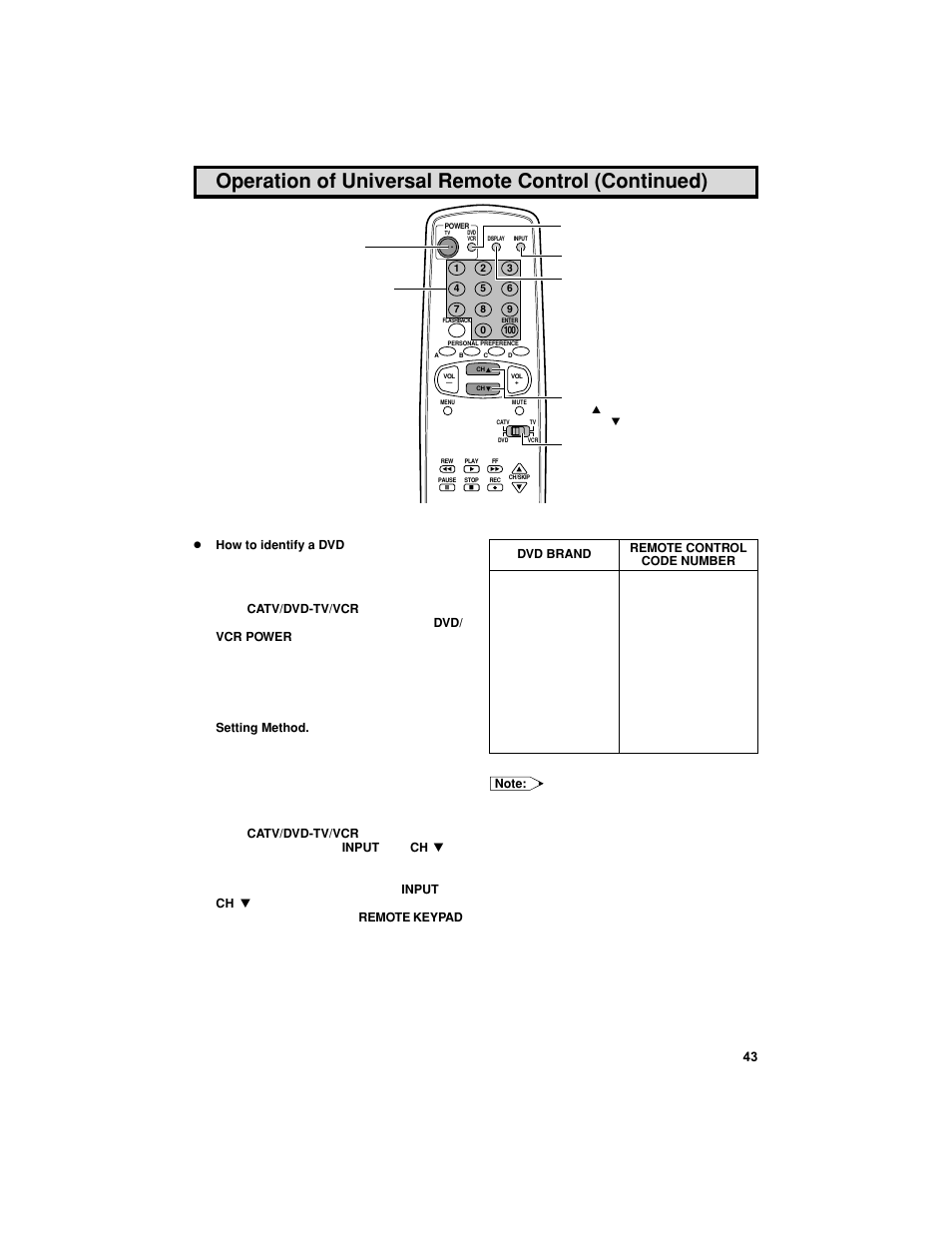 Operation of universal remote control (continued) | Sharp 27F541 User Manual | Page 43 / 46