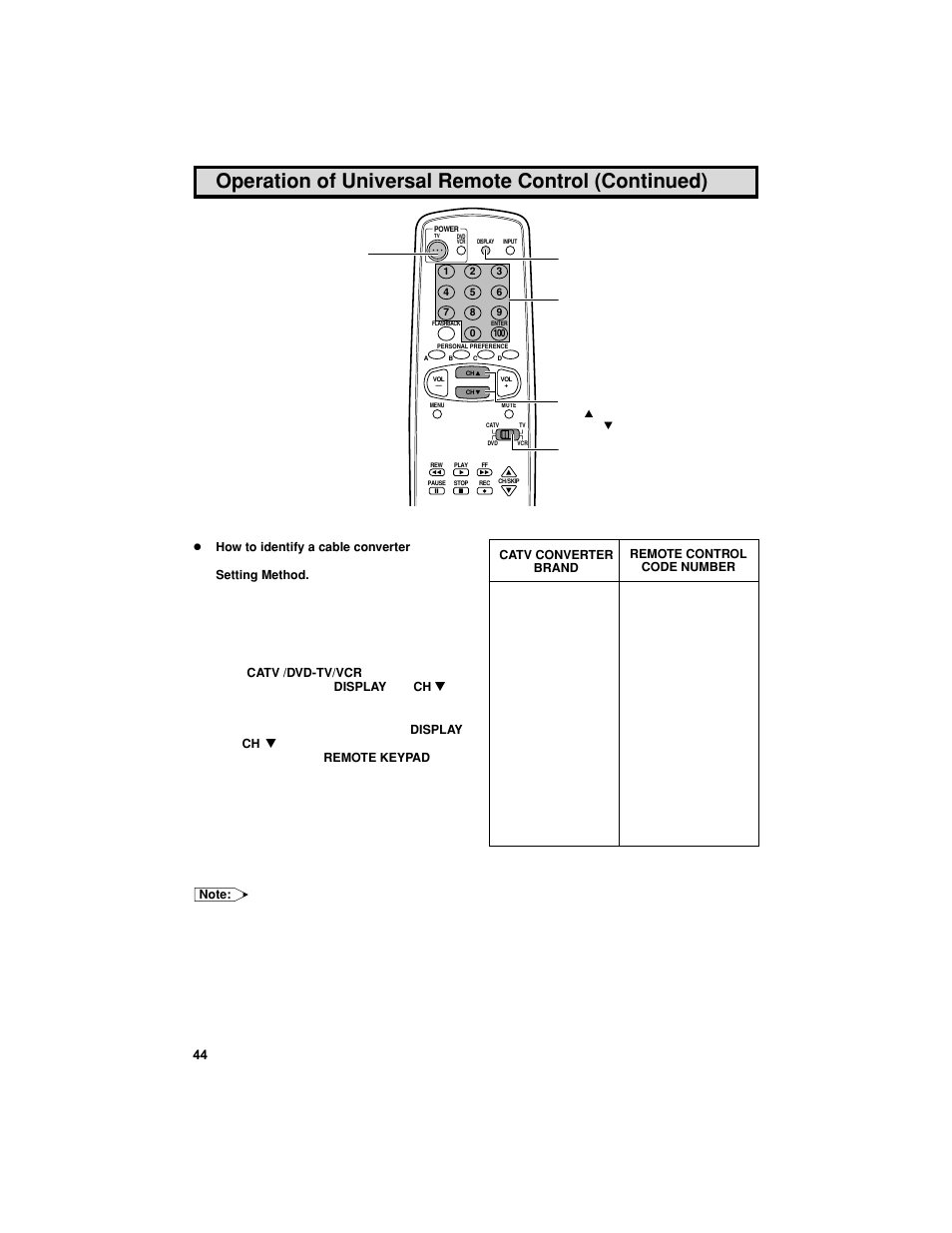 Operation of universal remote control (continued) | Sharp 27F541 User Manual | Page 44 / 46