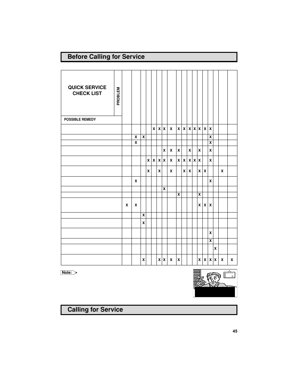 Before calling for service, Calling for service, Quick service check list | Sharp 27F541 User Manual | Page 45 / 46