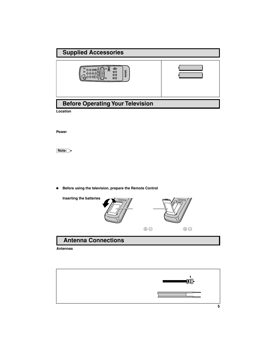 Supplied accessories, Before operating your television, Antenna connections | Sharp 27F541 User Manual | Page 5 / 46