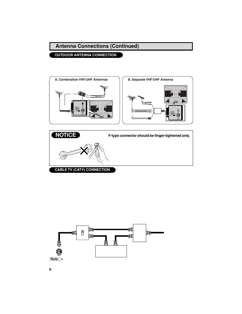 Notice, Antenna connections (continued), Cable tv (catv) connection | Outdoor antenna connection, F-type connector should be finger-tightened only | Sharp 27F541 User Manual | Page 6 / 46