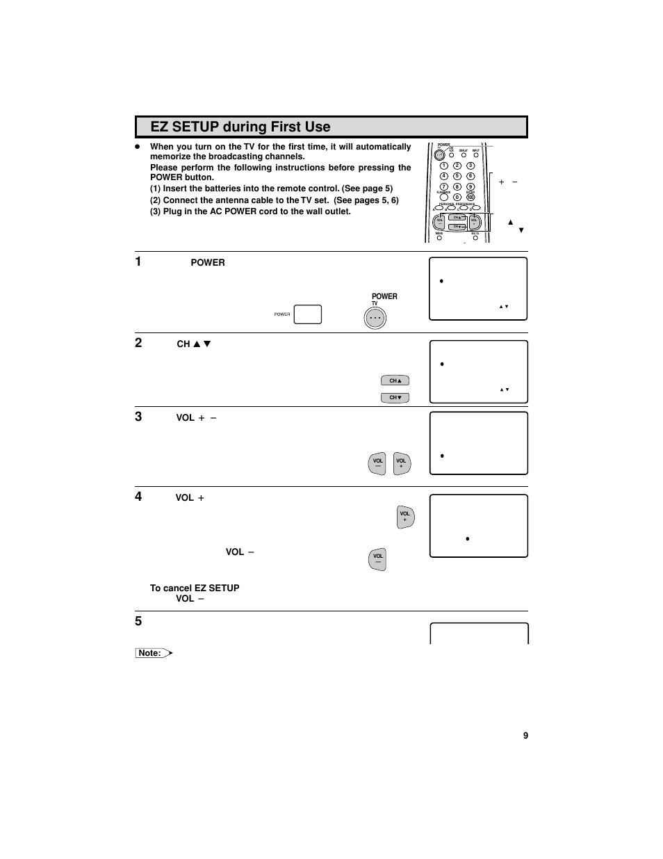 Ez setup during first use, Press vol k / l to access the ez setup screen | Sharp 27F541 User Manual | Page 9 / 46