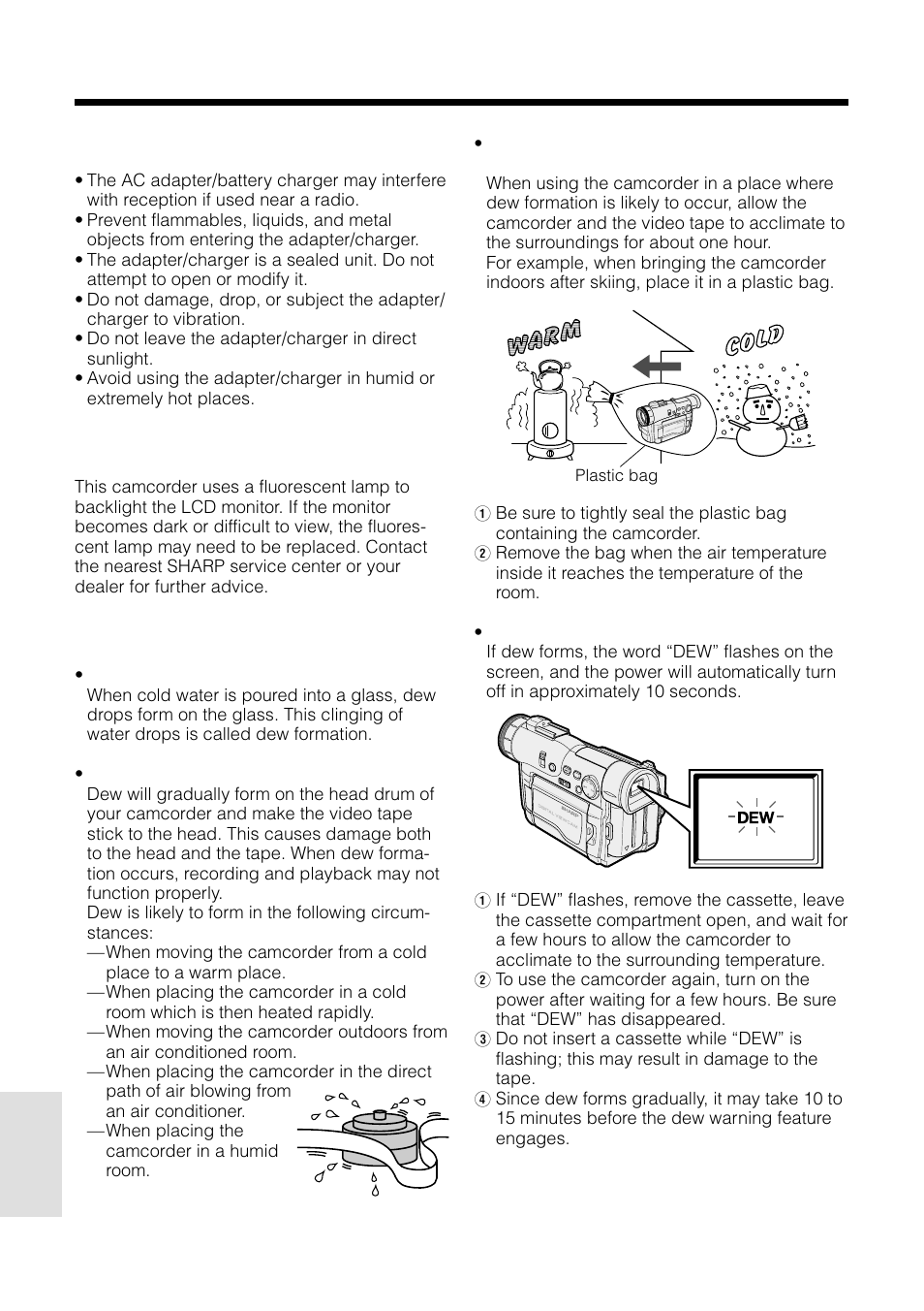 Appendix, Ac adapter/battery charger, Replacing the fluorescent lamp | Dew formation | Sharp VL-WD450U User Manual | Page 106 / 120