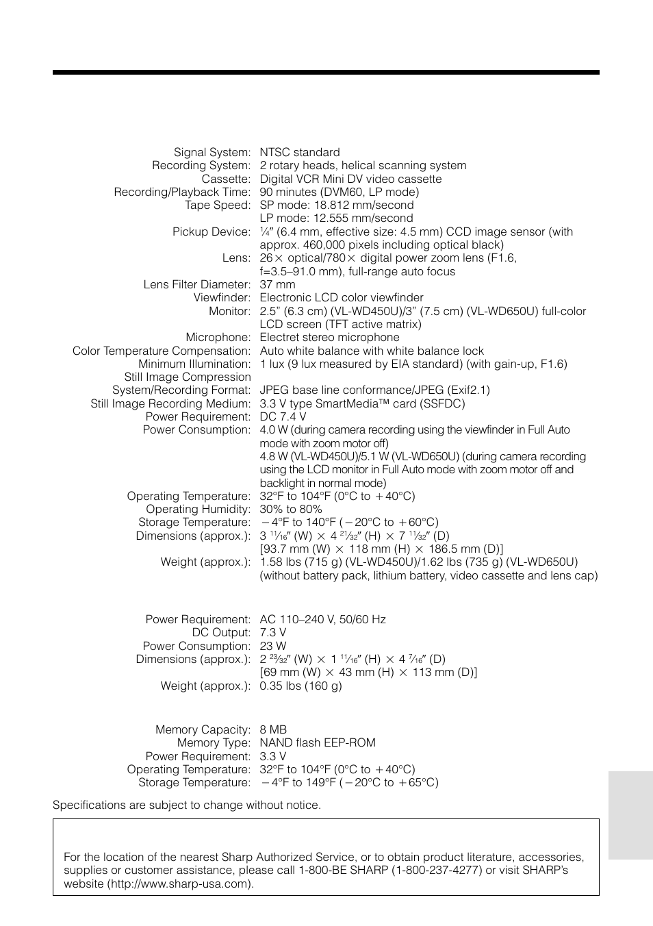 Specifications, Service information (for the u.s.) | Sharp VL-WD450U User Manual | Page 111 / 120