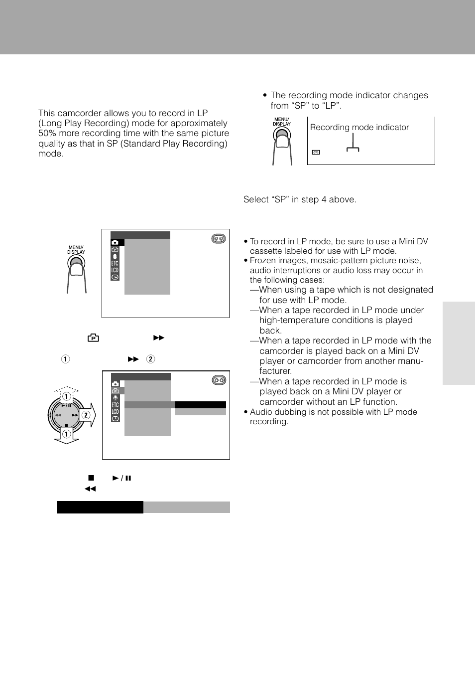 Useful features, Recording in lp (long play recording) mode, Camera recording 1 | Lp t ap e sp e e d | Sharp VL-WD450U User Manual | Page 45 / 120