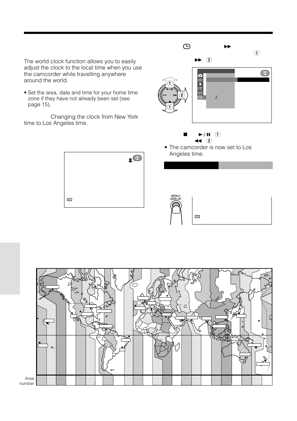 World clock, L. a. 1 7 are a, Advanced features camera recording | Time zone chart, Advanced features, The camcorder is now set to los angeles time | Sharp VL-WD450U User Manual | Page 72 / 120