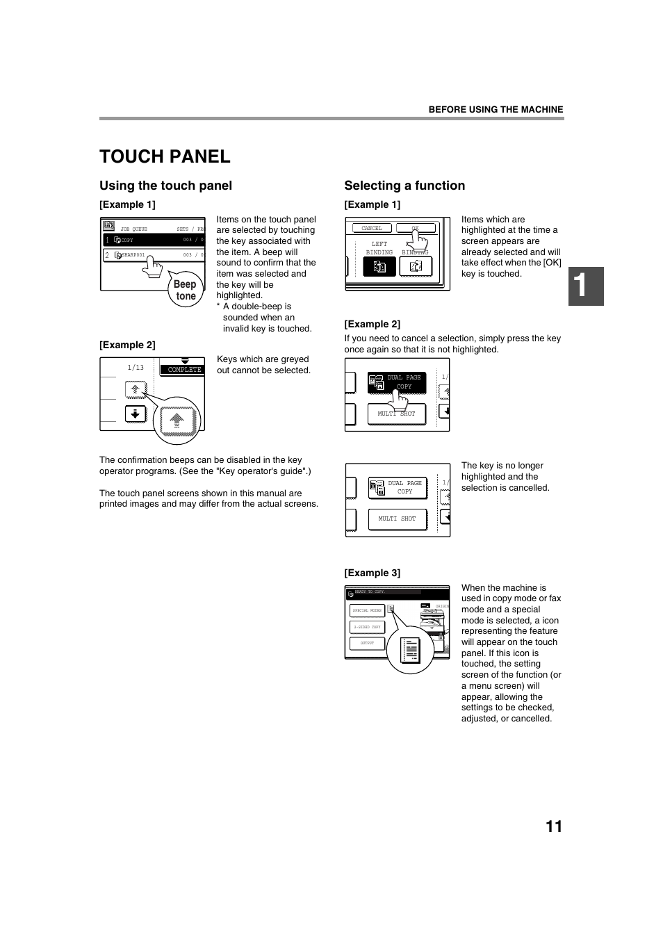 Touch panel, Using the touch panel, Selecting a function | Sharp AR-M236 User Manual | Page 13 / 100