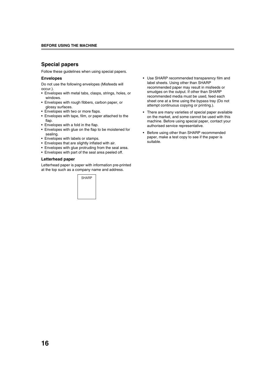 Special papers | Sharp AR-M236 User Manual | Page 18 / 100
