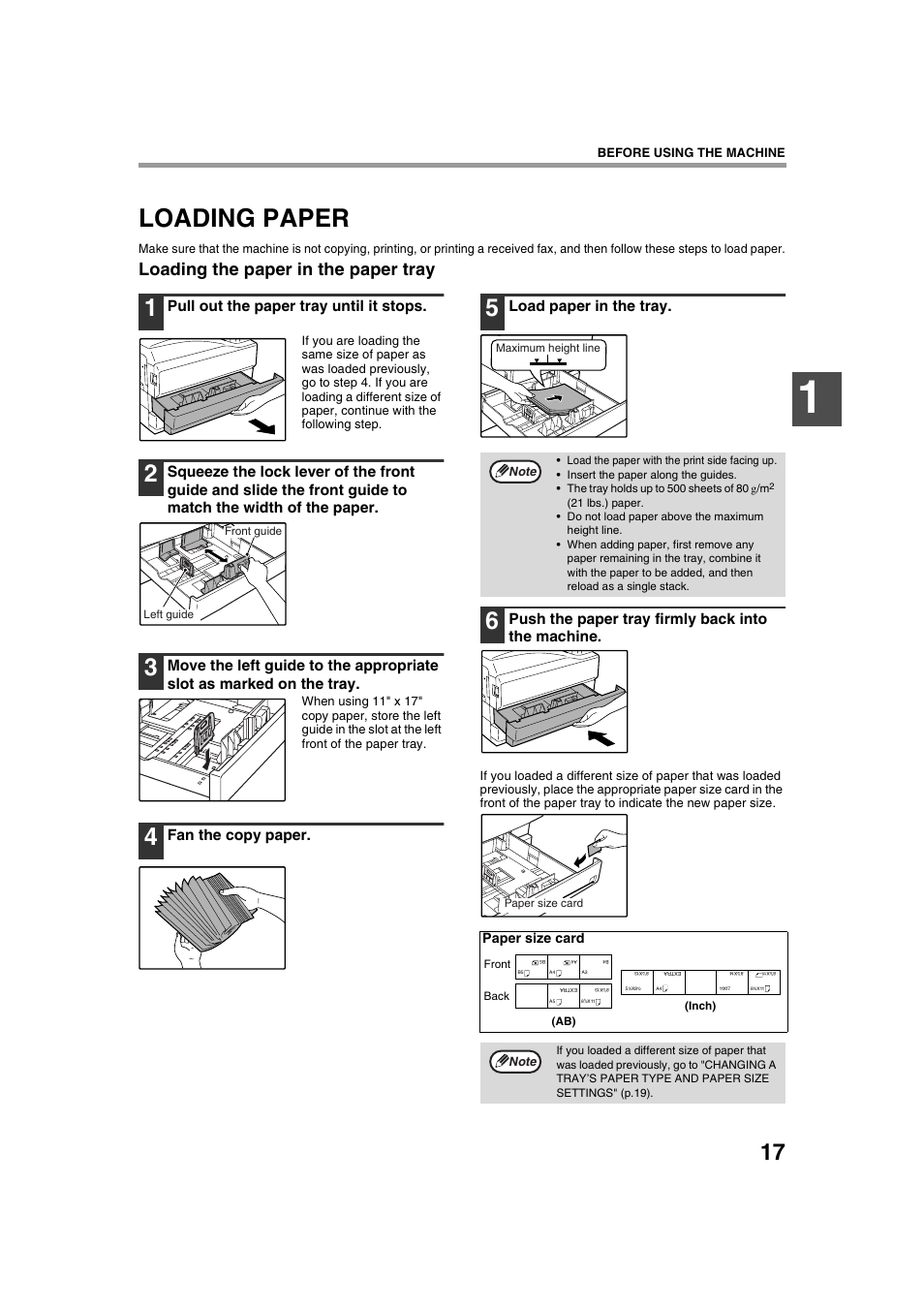 Loading paper, Loading the paper in the paper tray, Pull out the paper tray until it stops | Fan the copy paper, Load paper in the tray, Push the paper tray firmly back into the machine, Paper size card, Before using the machine | Sharp AR-M236 User Manual | Page 19 / 100