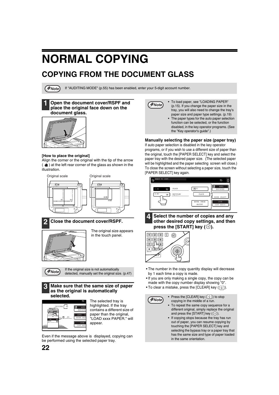 Normal copying, Copying from the document glass, Close the document cover/rspf | Sharp AR-M236 User Manual | Page 24 / 100