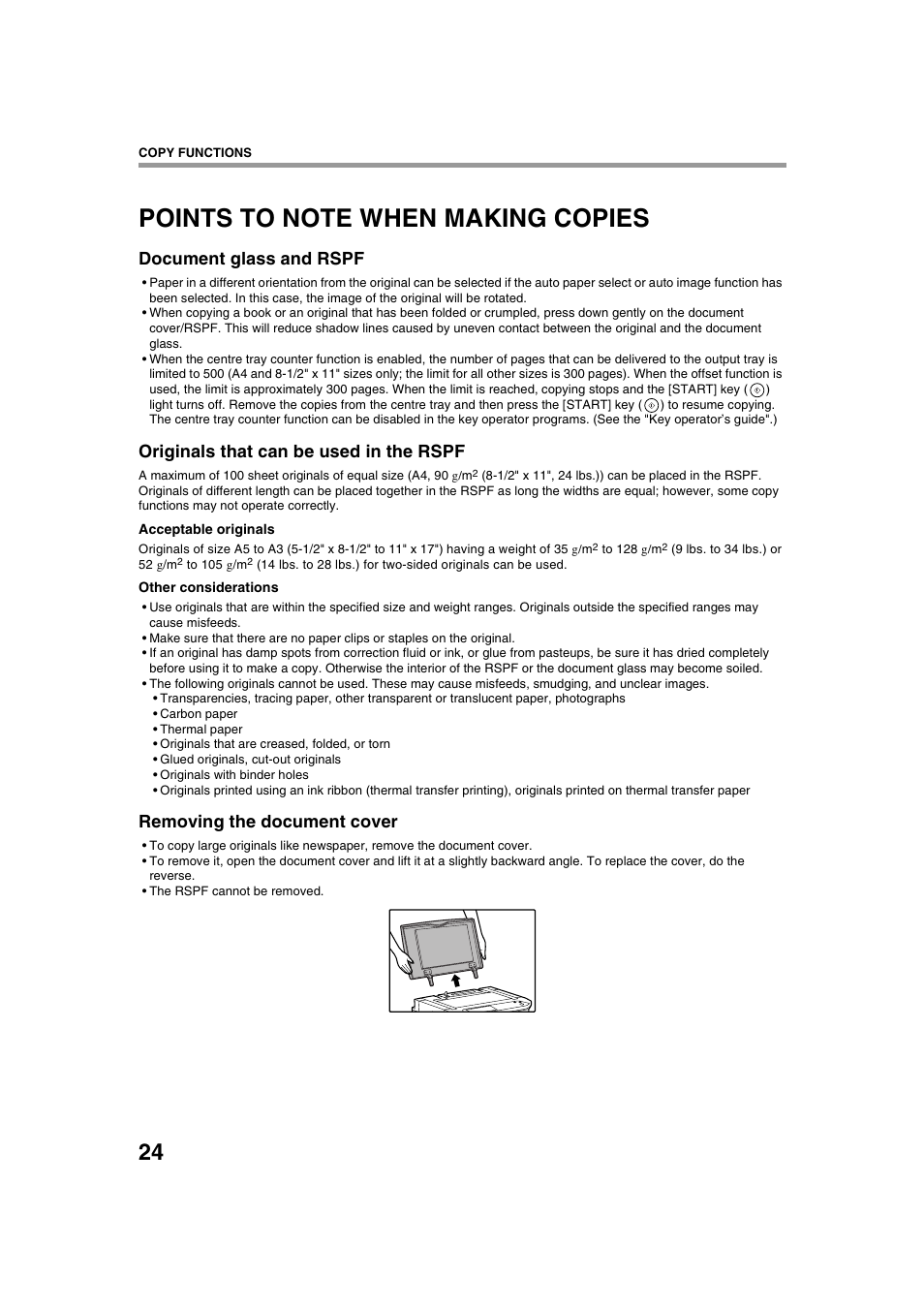 Document glass and rspf, Originals that can be used in the rspf, Removing the document cover | Sharp AR-M236 User Manual | Page 26 / 100