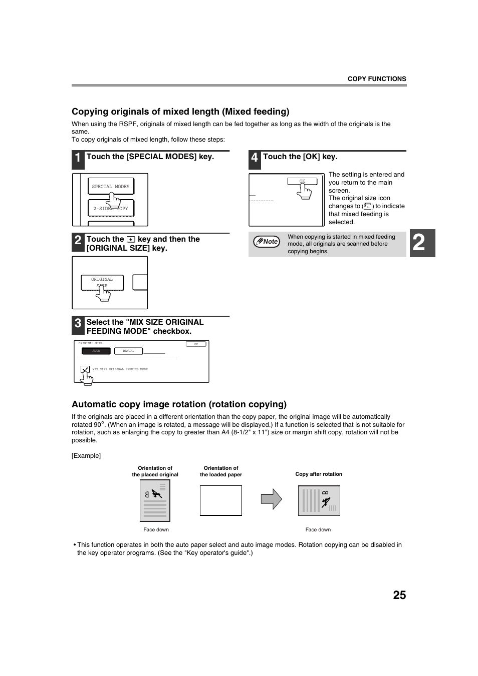 Copying originals of mixed length (mixed feeding), Automatic copy image rotation (rotation copying) | Sharp AR-M236 User Manual | Page 27 / 100