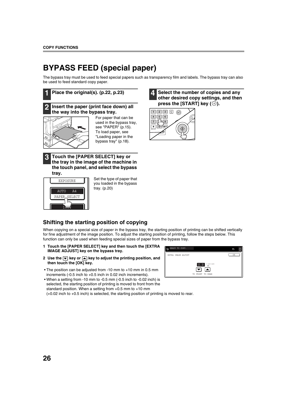Bypass feed (special paper), Shifting the starting position of copying | Sharp AR-M236 User Manual | Page 28 / 100