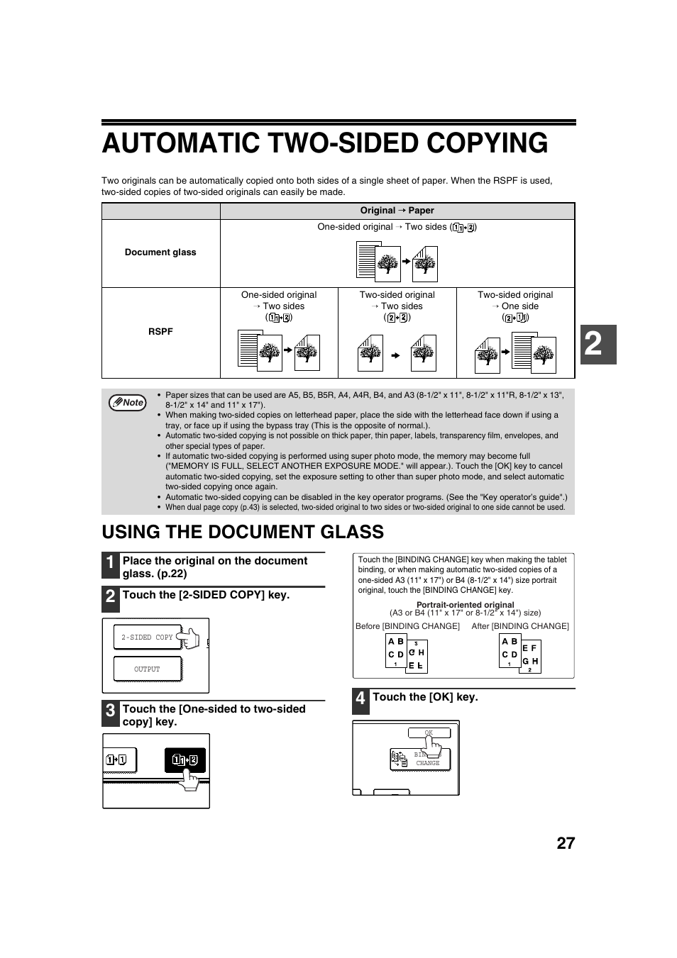 Automatic two-sided copying, Using the document glass | Sharp AR-M236 User Manual | Page 29 / 100