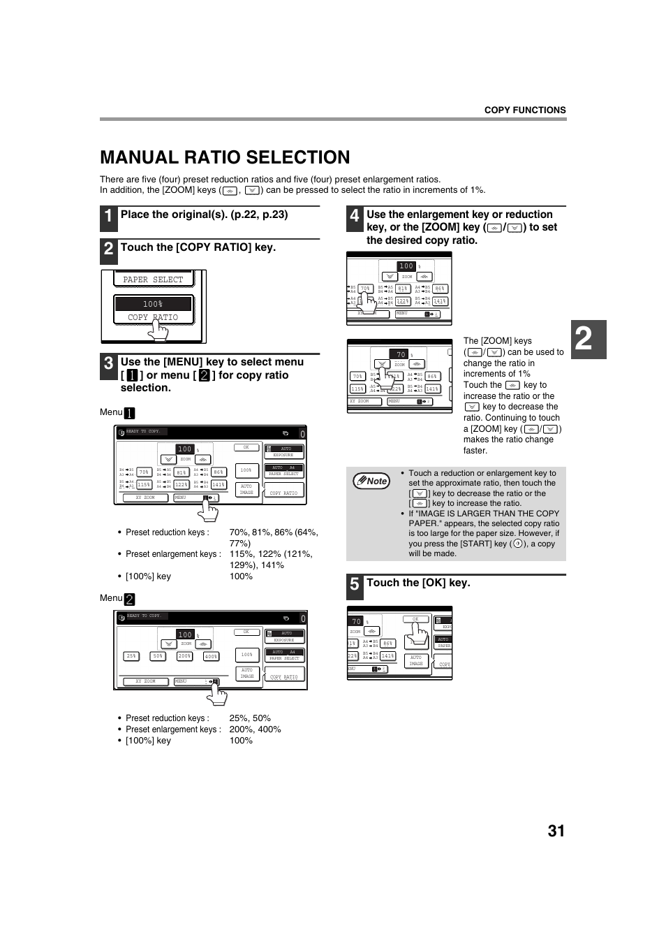 Manual ratio selection, Place the original(s). (p.22, p.23), Touch the [copy ratio] key | Touch the [ok] key, Paper select 100% copy ratio, Copy functions | Sharp AR-M236 User Manual | Page 33 / 100