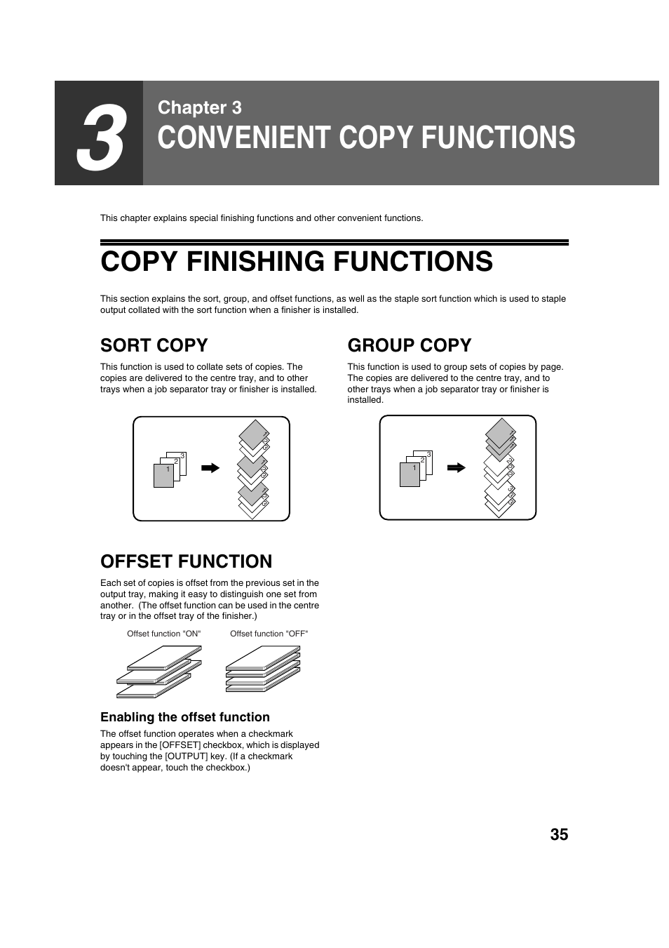 Convenient copy functions, Copy finishing functions, Chapter 3 | Sort copy, Group copy, Offset function | Sharp AR-M236 User Manual | Page 37 / 100