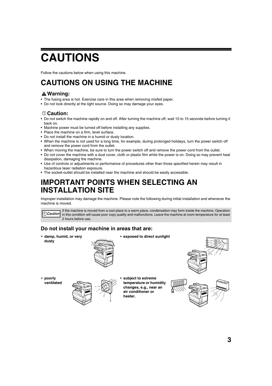 Cautions, Cautions on using the machine | Sharp AR-M236 User Manual | Page 5 / 100
