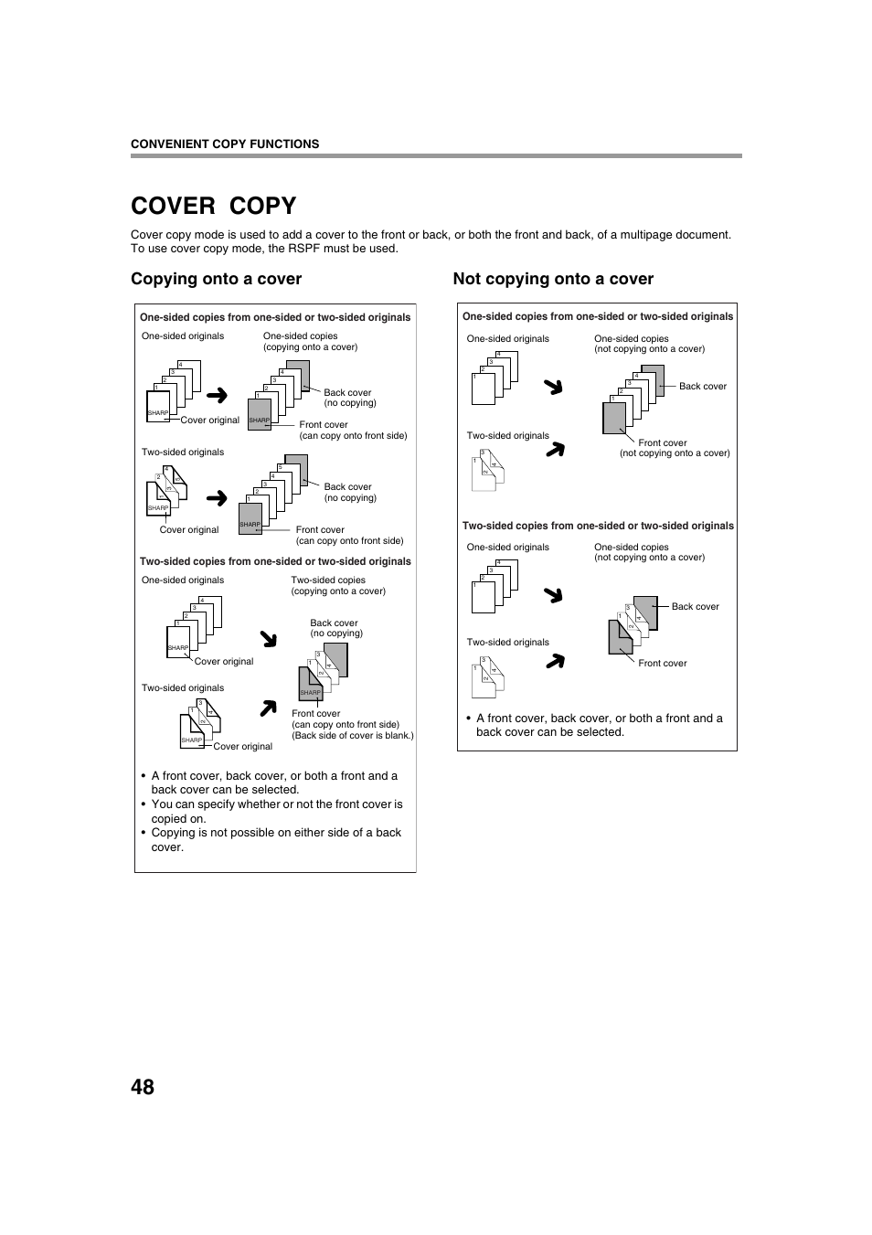 Cover copy, Copying onto a cover not copying onto a cover, Convenient copy functions | Sharp AR-M236 User Manual | Page 50 / 100