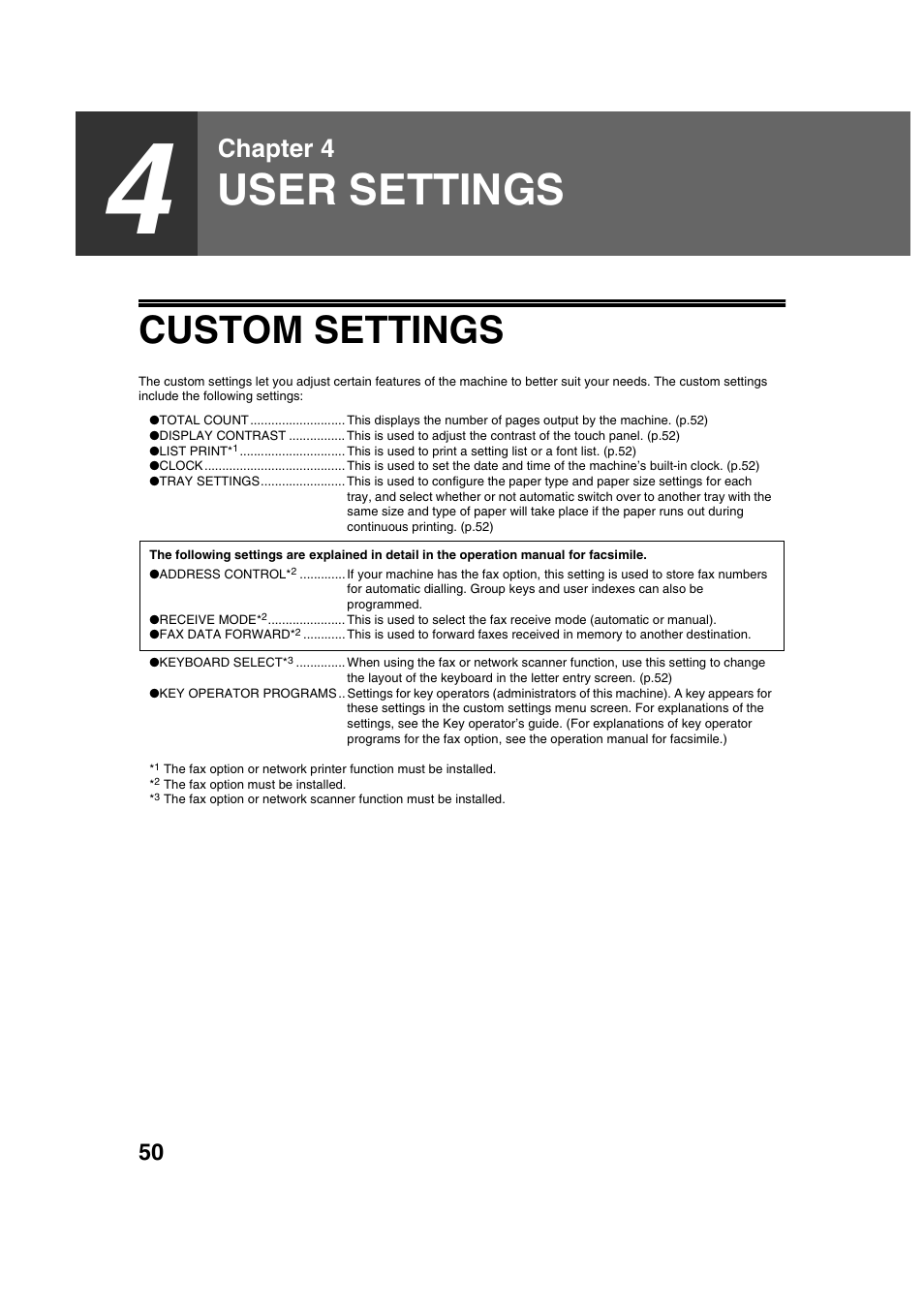 User settings, Custom settings, Chapter 4 | Sharp AR-M236 User Manual | Page 52 / 100