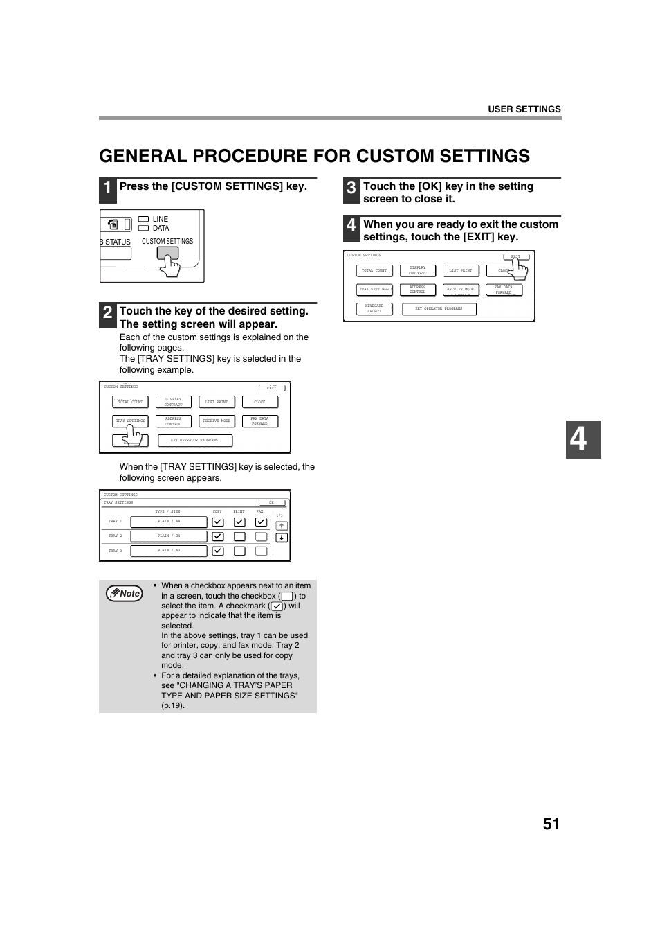 General procedure for custom settings, Press the [custom settings] key | Sharp AR-M236 User Manual | Page 53 / 100