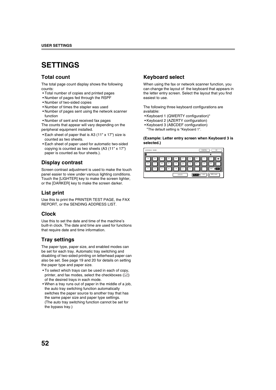Settings, Total count, Display contrast | List print, Clock, Tray settings, Keyboard select | Sharp AR-M236 User Manual | Page 54 / 100