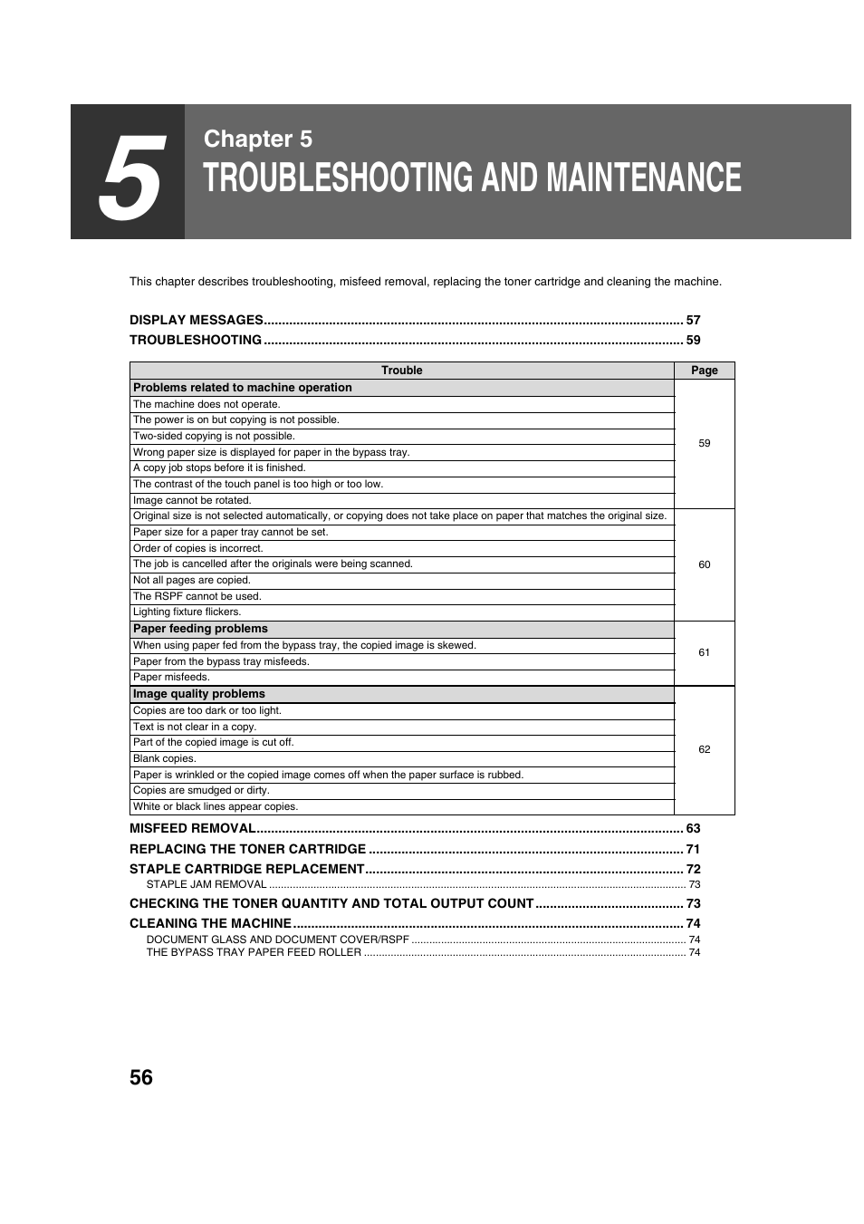 Troubleshooting and maintenance, Chapter 5 | Sharp AR-M236 User Manual | Page 58 / 100