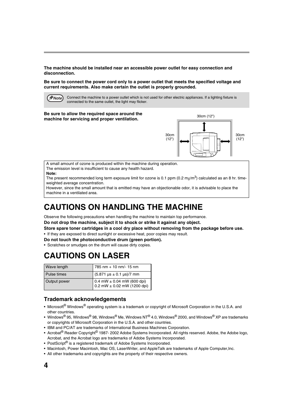 Cautions on handling the machine, Cautions on laser, Trademark acknowledgements | Sharp AR-M236 User Manual | Page 6 / 100
