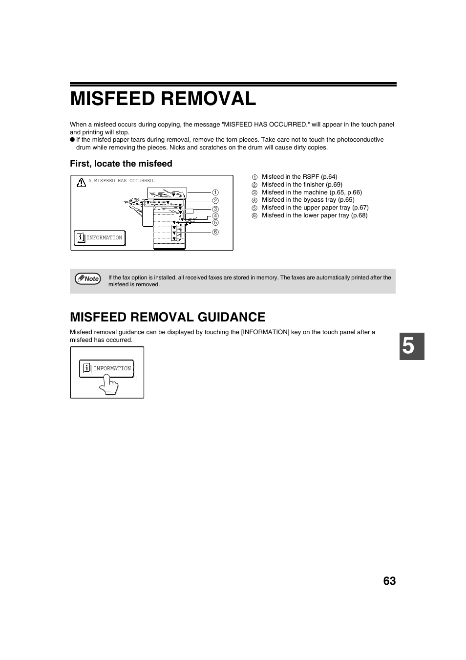 Misfeed removal, Misfeed removal guidance | Sharp AR-M236 User Manual | Page 65 / 100