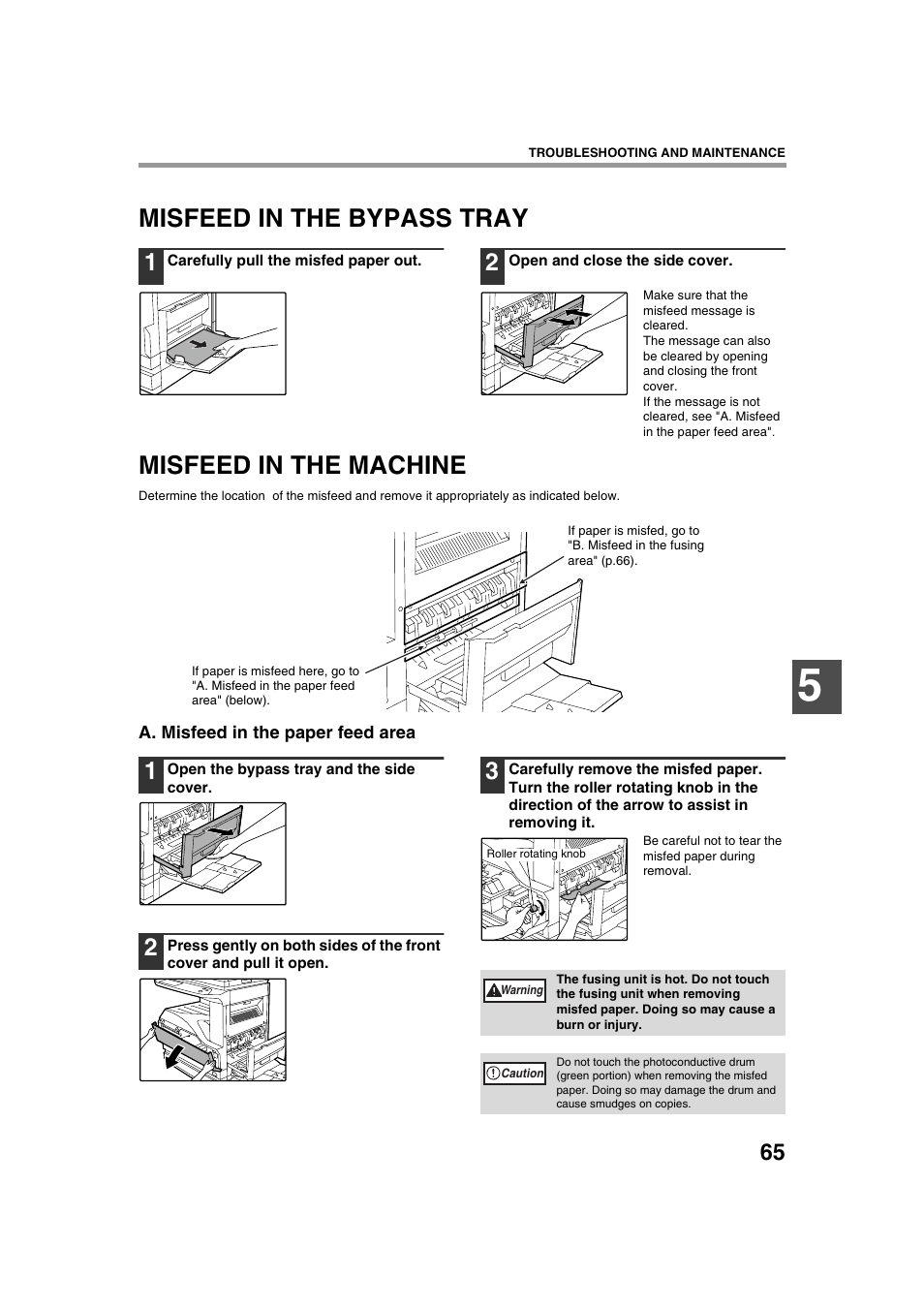 Misfeed in the bypass tray, Misfeed in the machine | Sharp AR-M236 User Manual | Page 67 / 100
