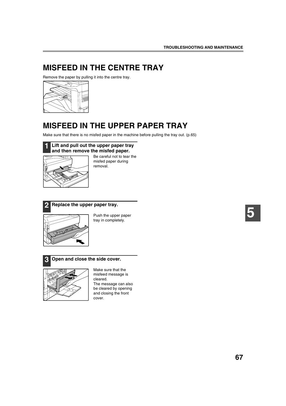 Misfeed in the centre tray, Misfeed in the upper paper tray | Sharp AR-M236 User Manual | Page 69 / 100