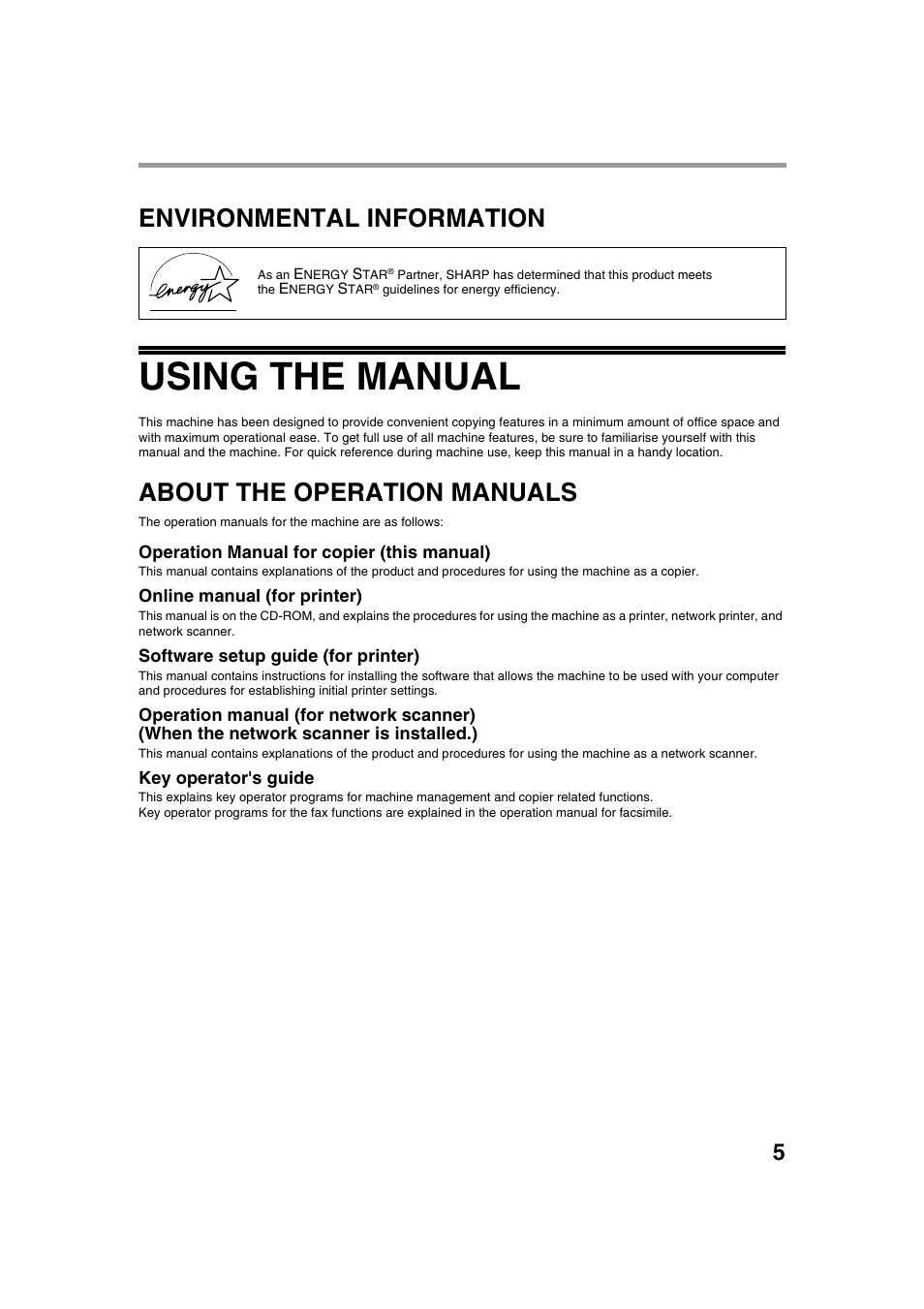 Using the manual, Environmental information, About the operation manuals | Sharp AR-M236 User Manual | Page 7 / 100